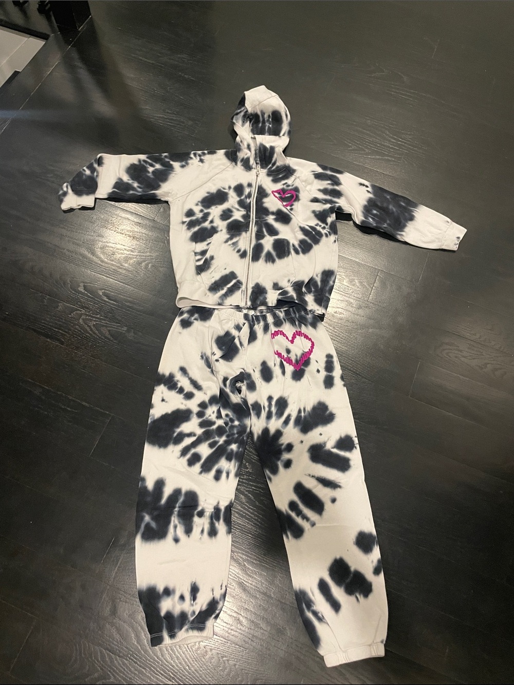 Kids Black & White Tie-Dye Hoodie and Jogger Set with Pink Heart